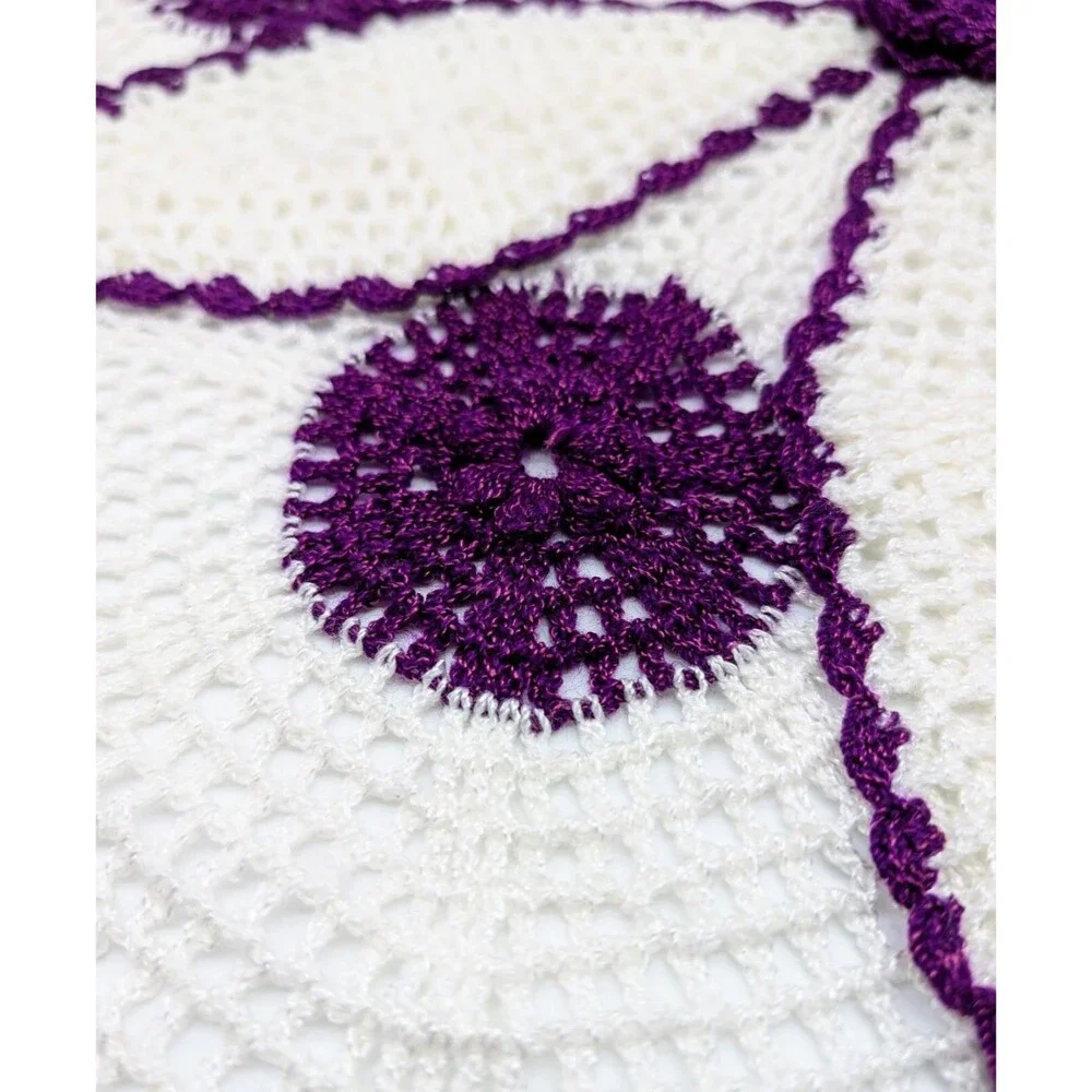 Large Crocheted Round White Purple Raised 3D Flower Doily 25